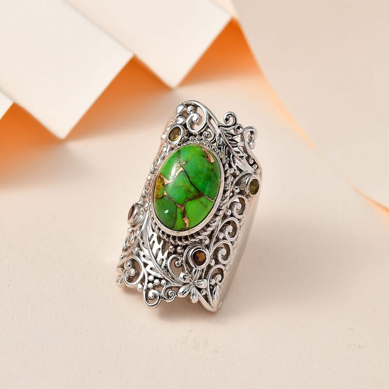 Karis Green Turquoise and Multi-Tourmaline Ring in Platinum Bond (Size 5.0) 6.35 ctw