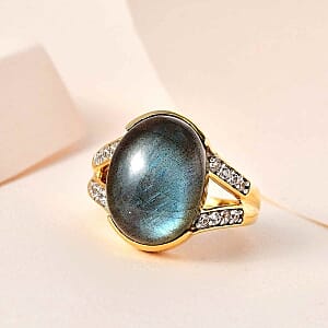 Malagasy Labradorite and White Zircon 11.28 ctw Ring in Vermeil Yellow Gold Over Sterling Silver (Size 10)
