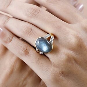 Malagasy Labradorite and White Zircon 11.28 ctw Ring in Vermeil Yellow Gold Over Sterling Silver (Size 10)