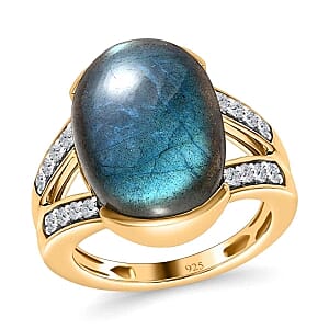 Malagasy Labradorite and White Zircon 11.28 ctw Ring in Vermeil Yellow Gold Over Sterling Silver (Size 10)
