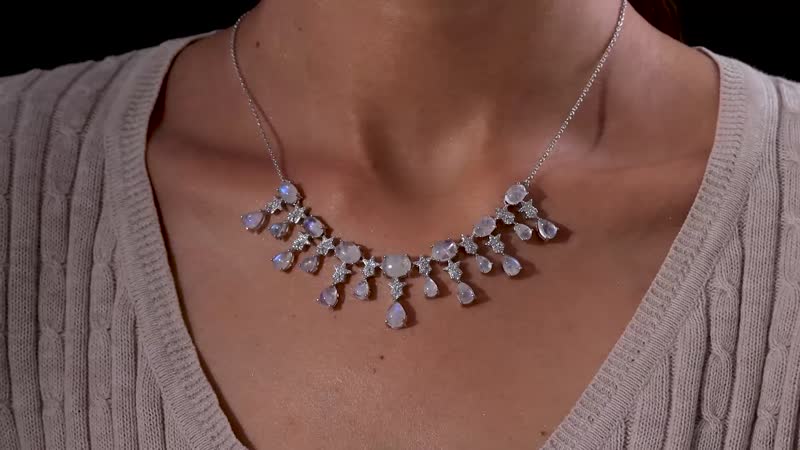 GP Celestial Dreams Collection Premium Rainbow Moonstone and White Zircon Necklace 18-20 Inches in Platinum Over Sterling Silver 20.00 ctw