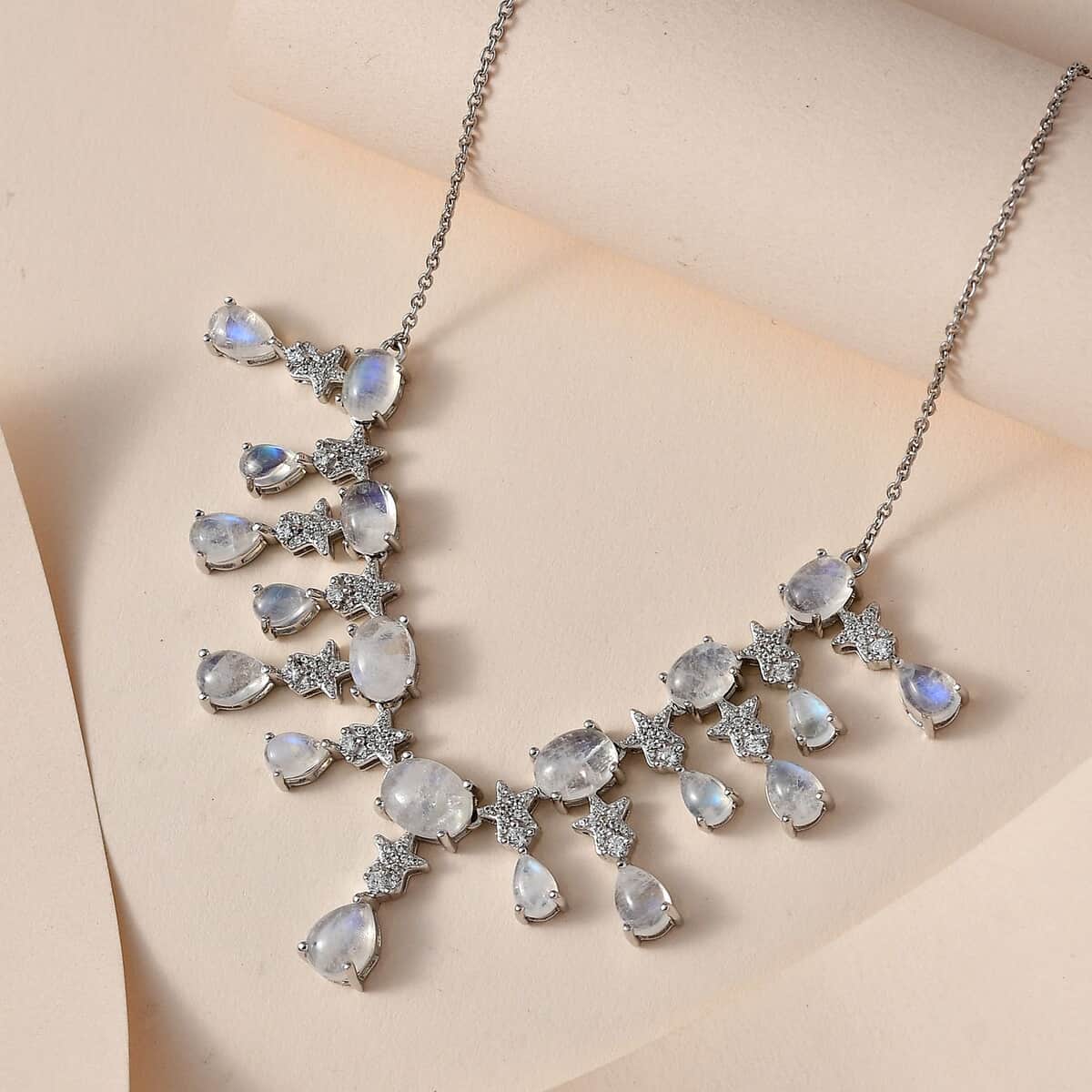 GP Celestial Dreams Collection Premium Rainbow Moonstone and White Zircon Necklace 18-20 Inches in Platinum Over Sterling Silver 20.00 ctw image number 1