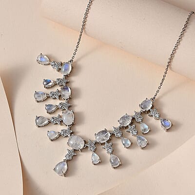 GP Celestial Dreams Collection Premium Rainbow Moonstone and White Zircon Necklace 18-20 Inches in Platinum Over Sterling Silver 20.00 ctw