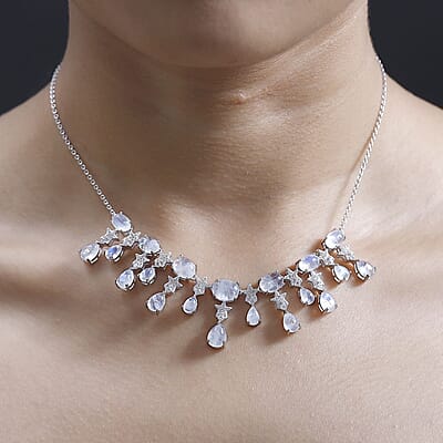GP Celestial Dreams Collection Premium Rainbow Moonstone and White Zircon Necklace 18-20 Inches in Platinum Over Sterling Silver 20.00 ctw