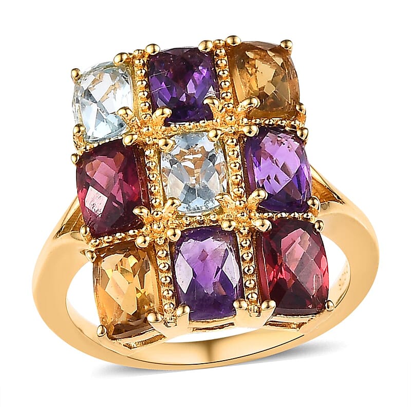GP Royal Art Deco Collection Multi Gemstone 5.15 ctw Ring in Vermeil Yellow Gold Over Sterling Silver (Size 10.0)