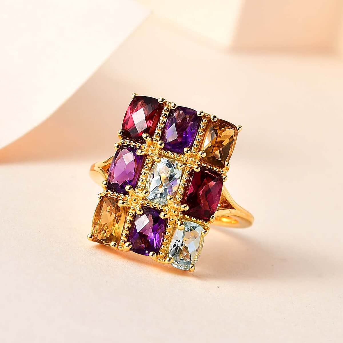 GP Royal Art Deco Collection Multi Gemstones Ring in Vermeil Yellow Gold Over Sterling Silver (Size 10.0) 7.90 ctw image number 1