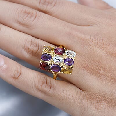 GP Royal Art Deco Collection Multi Gemstone 5.15 ctw Ring in Vermeil Yellow Gold Over Sterling Silver (Size 10.0)
