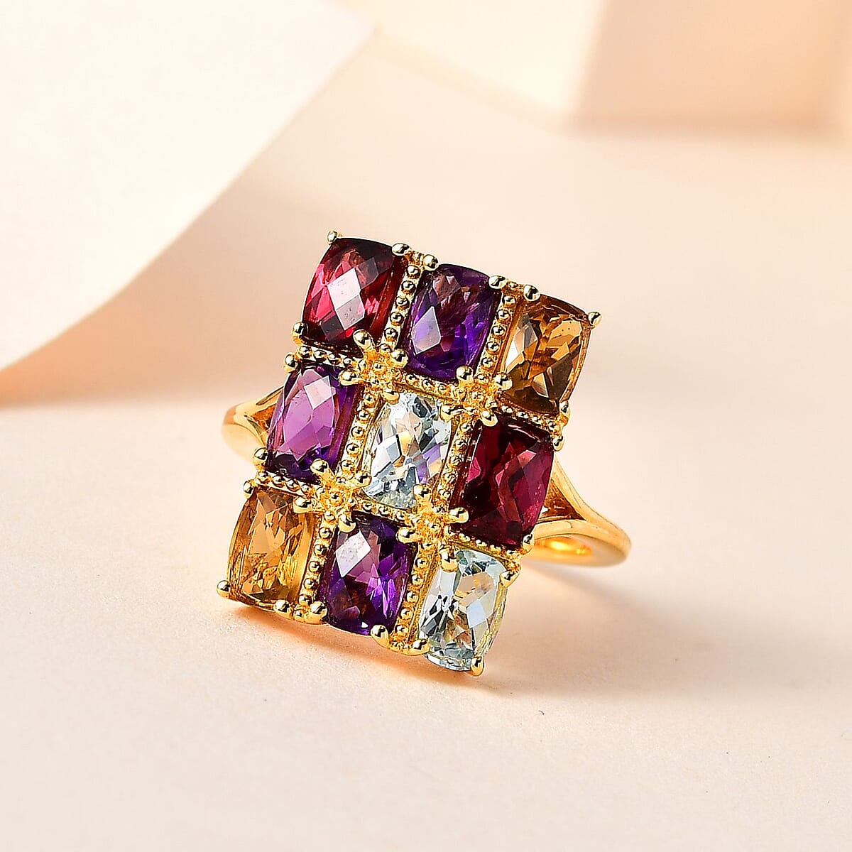 GP Royal Art Deco Collection Multi Gemstone 5.15 ctw Ring in Vermeil Yellow Gold Over Sterling Silver (Size 5.0) image number 1