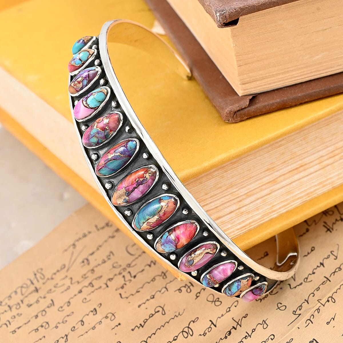 Santa Fe Style Multi Gemstone Cuff Bracelet in Sterling Silver (Adjustable) 6.50 ctw image number 1