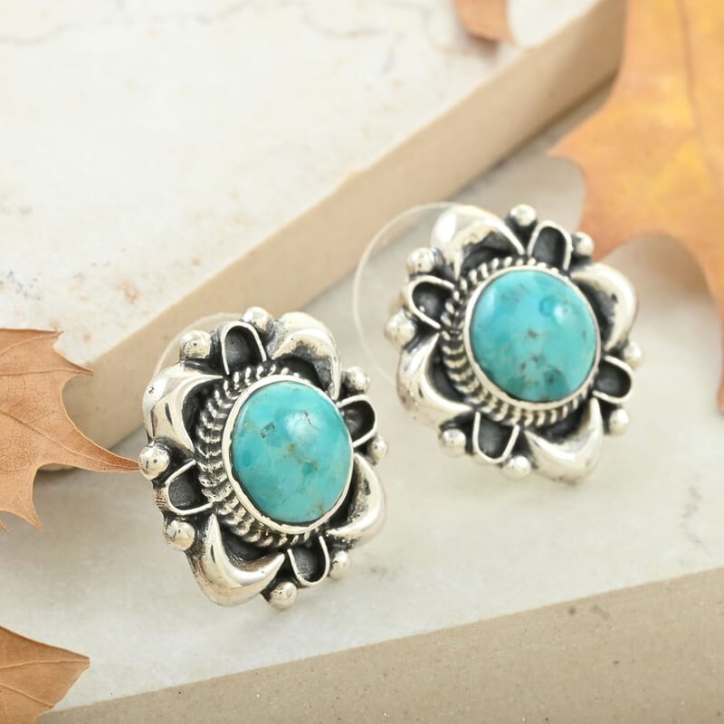 Santa Fe Style Kingman Turquoise Earrings in Sterling Silver 1.05 ctw