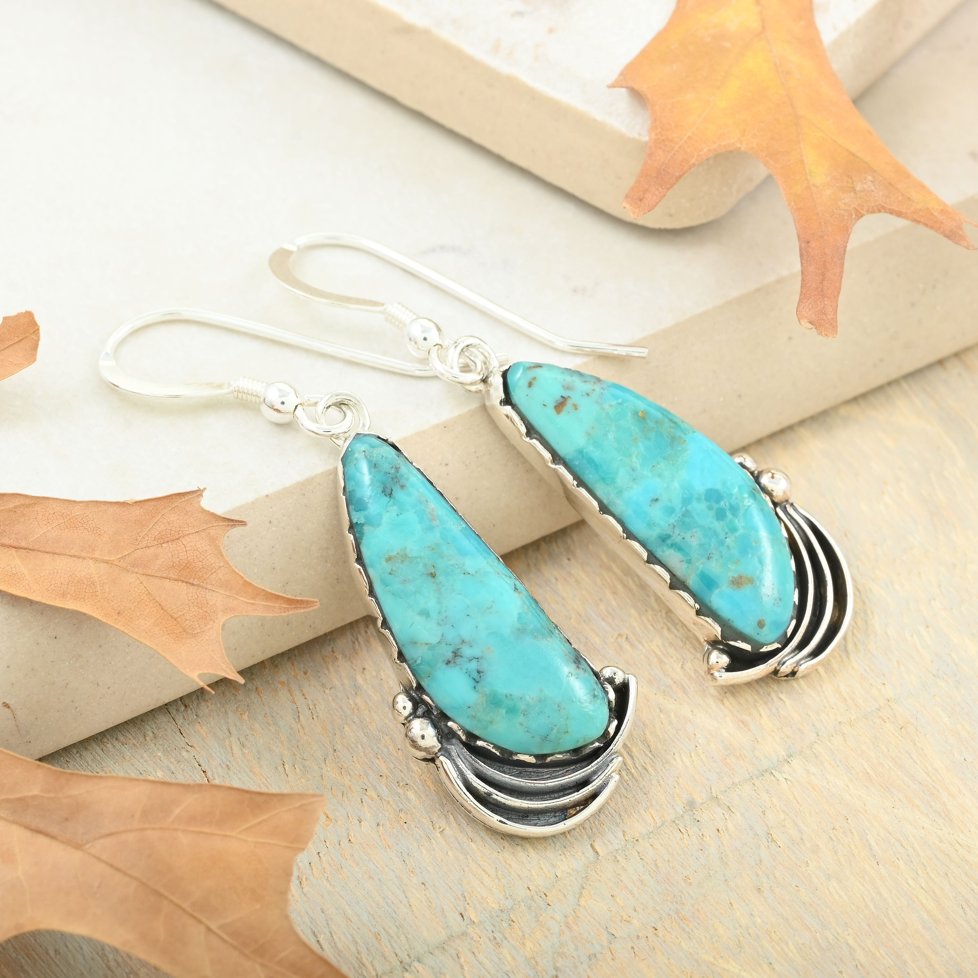 Santa Fe Style Kingman Turquoise Earrings in Sterling Silver 1.75 ctw