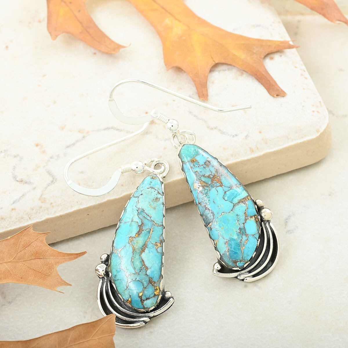 Santa Fe Style Mojave Turquoise Dangle Earrings in Sterling Silver 1.75 ctw image number 1