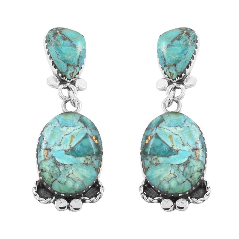 Santa Fe Style Kingman Turquoise Dangle Earrings in Sterling Silver 2.10 ctw