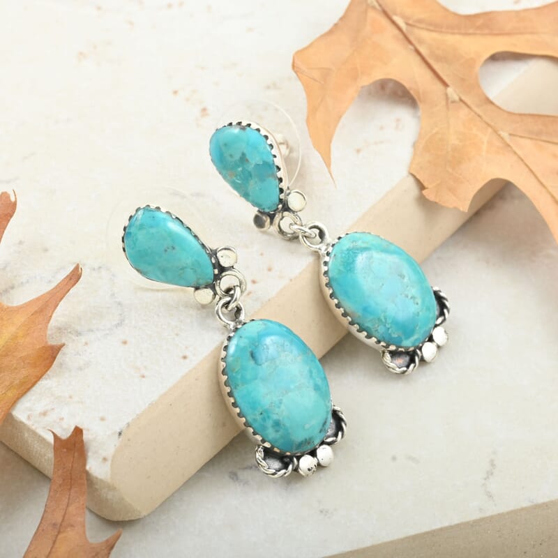 Santa Fe Style Kingman Turquoise Dangle Earrings in Sterling Silver 2.10 ctw