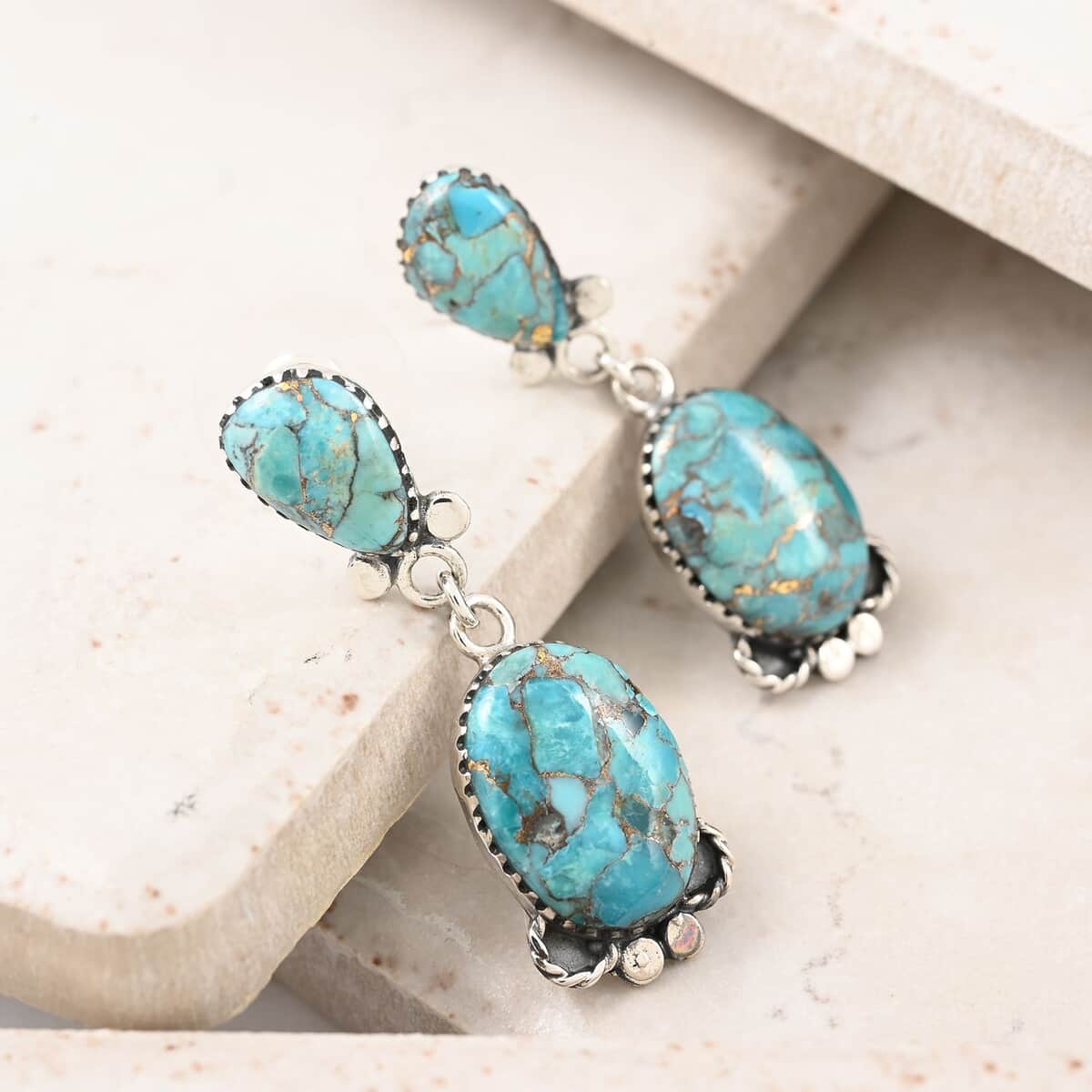 Santa Fe Style Mojave Turquoise Dangle Earrings in Sterling Silver 2.10 ctw image number 1