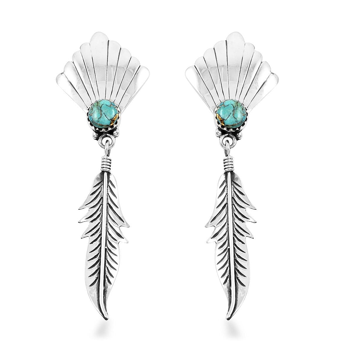 Santa Fe Style Mojave Turquoise Feather Earrings in Sterling Silver 0.75 ctw