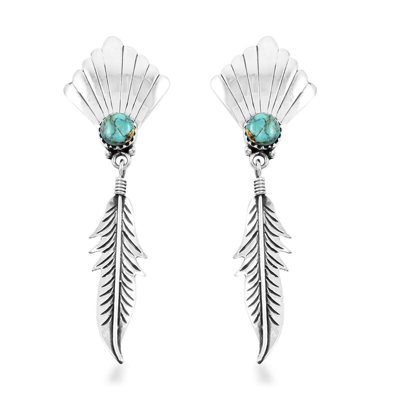 Santa Fe Style Mojave Turquoise Feather Earrings in Sterling Silver 0.75 ctw