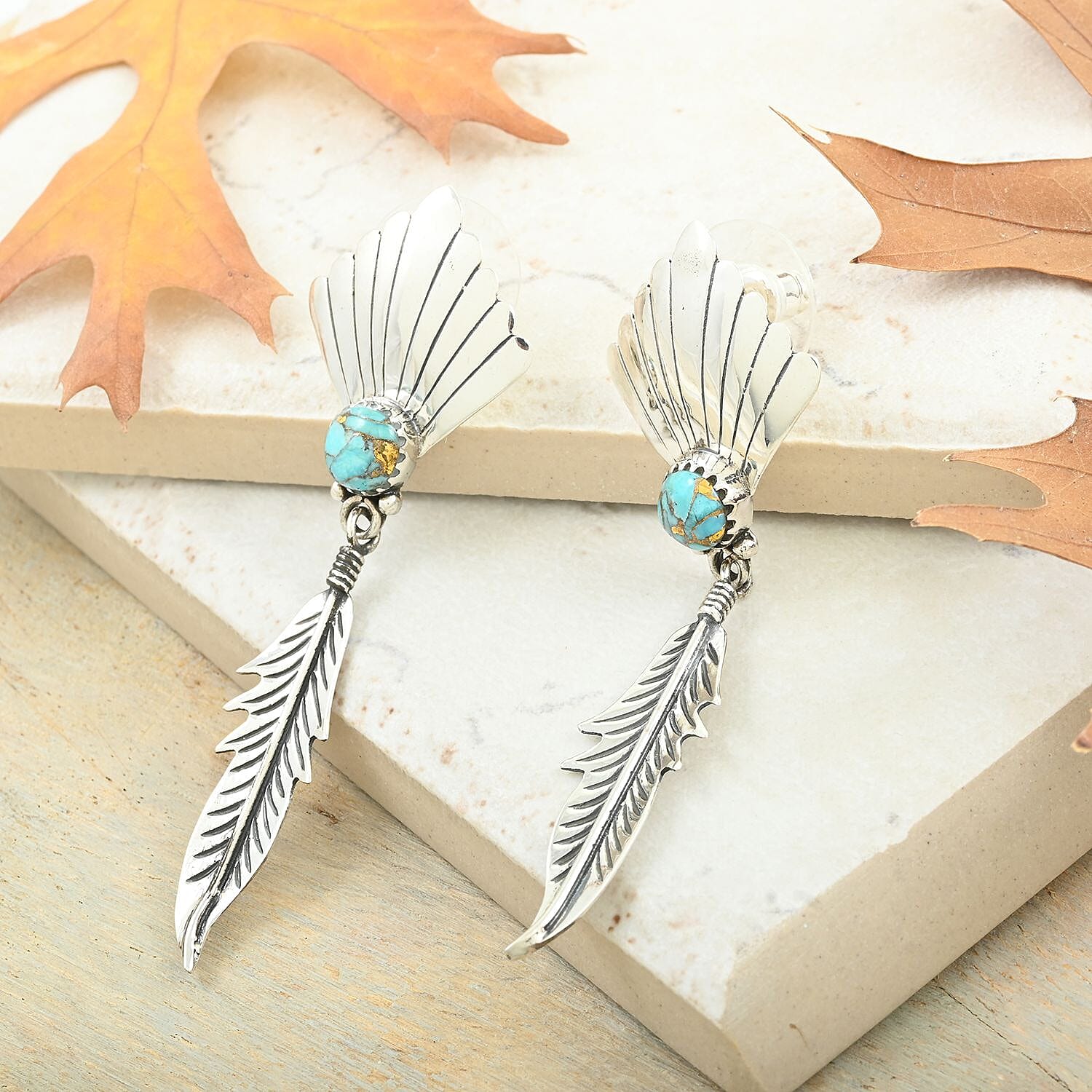 Santa Fe Style Mojave Turquoise Feather Earrings in Sterling Silver 0.75 ctw