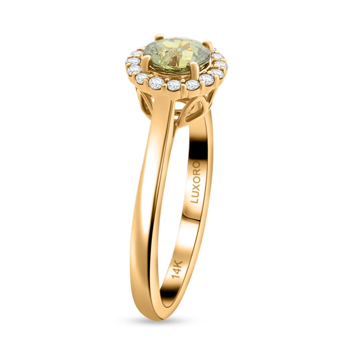 Luxoro 14K Yellow Gold AAA Ambanja Demantoid Garnet and G-H I2 Diamond Ring 1.00 ctw image number 3