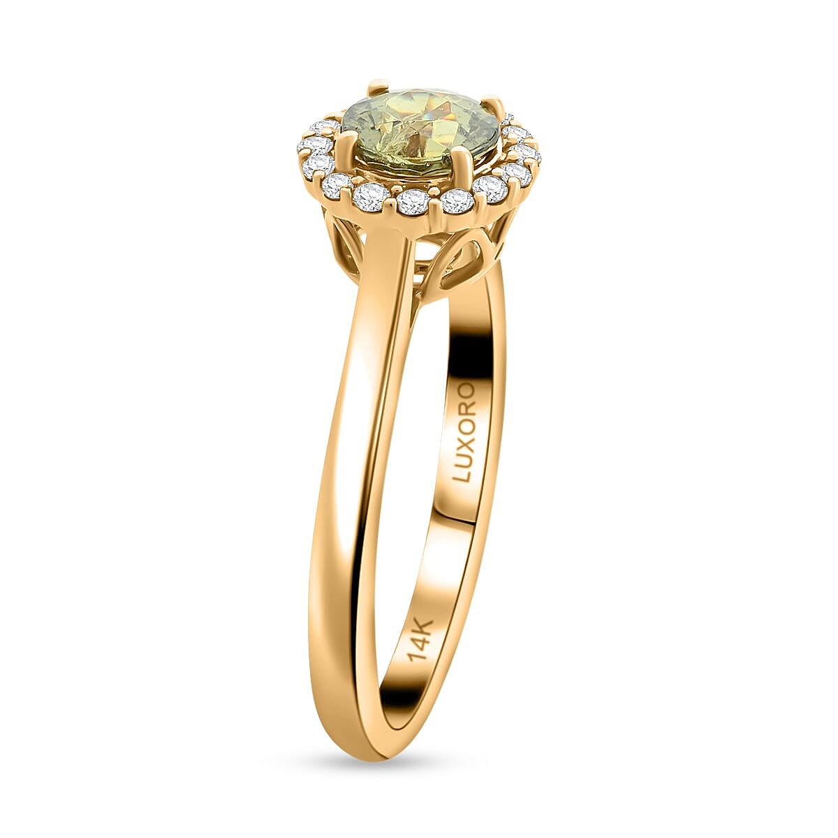 Luxoro 14K Yellow Gold AAA Ambanja Demantoid Garnet and G-H I2 Diamond Ring (Size 8.0) 1.00 ctw image number 3