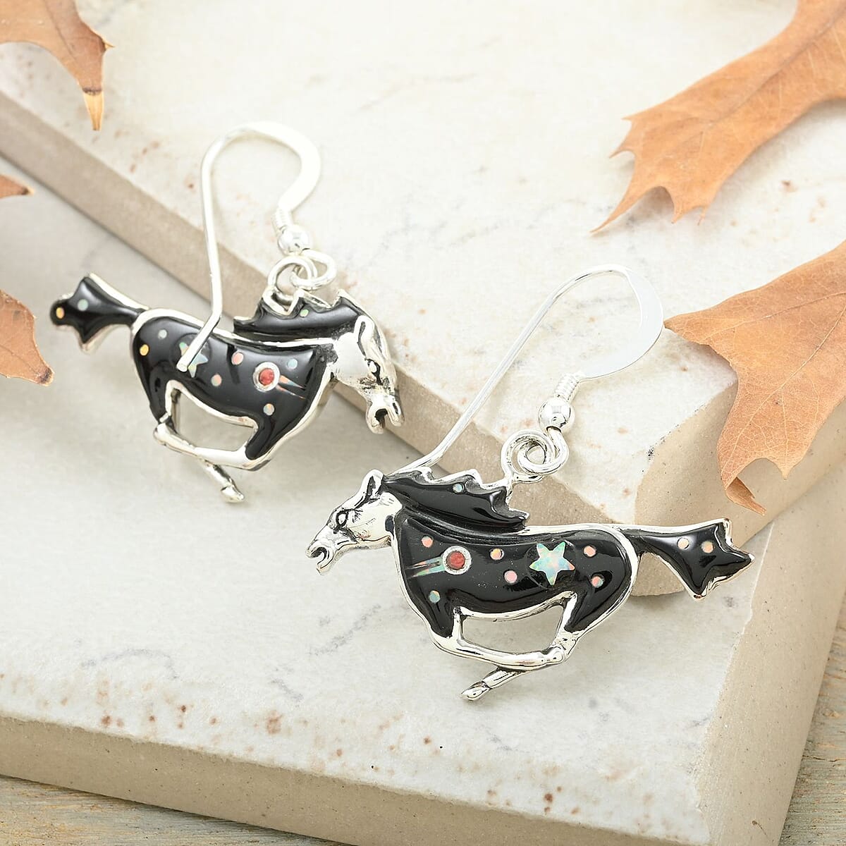 Santa Fe Style Black Onyx and Multi Gemstone Horse Earrings in Sterling Silver 6.15 ctw image number 1