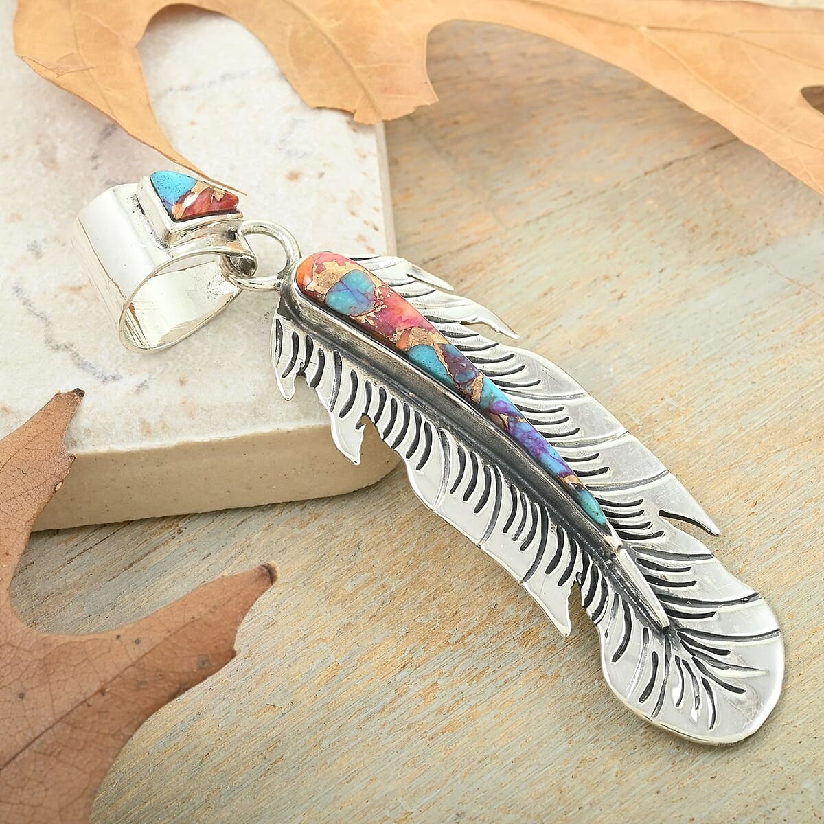 Santa Fe Style Multi Gemstone Feather Pendant in Sterling Silver 3.50 ctw image number 1