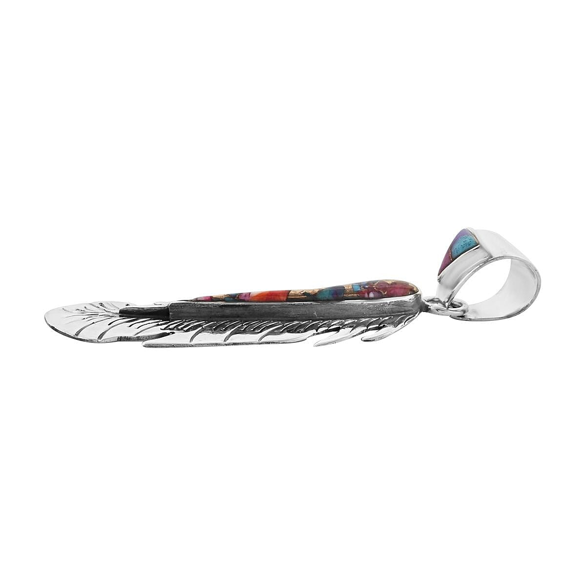 Santa Fe Style Multi Gemstone Feather Pendant in Sterling Silver 3.50 ctw image number 3