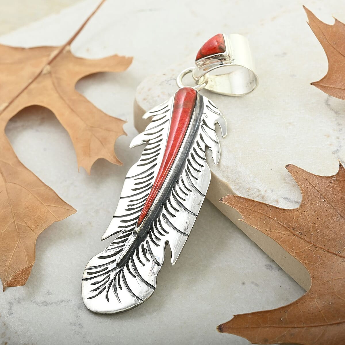 Santa Fe Style Plum Coral Feather Pendant in Sterling Silver image number 1