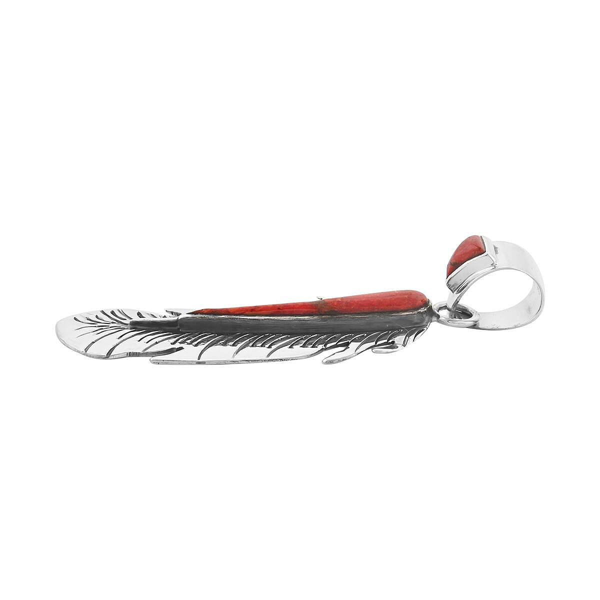 Santa Fe Style Plum Coral Feather Pendant in Sterling Silver image number 3