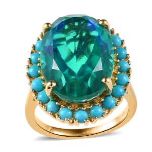 Peacock Quartz (Triplet) and Sleeping Beauty Turquoise Halo Ring in Vermeil Yellow Gold Over Sterling Silver (Size 10.0) 16.15 ctw