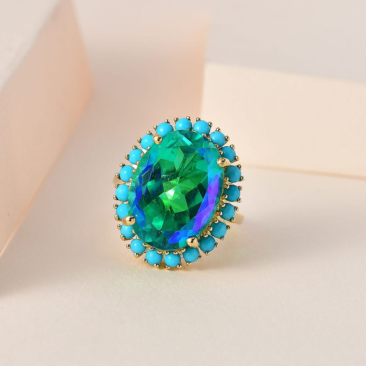 Peacock Quartz (Triplet) and Sleeping Beauty Turquoise Halo Ring in Vermeil Yellow Gold Over Sterling Silver (Size 10.0) 16.15 ctw image number 1