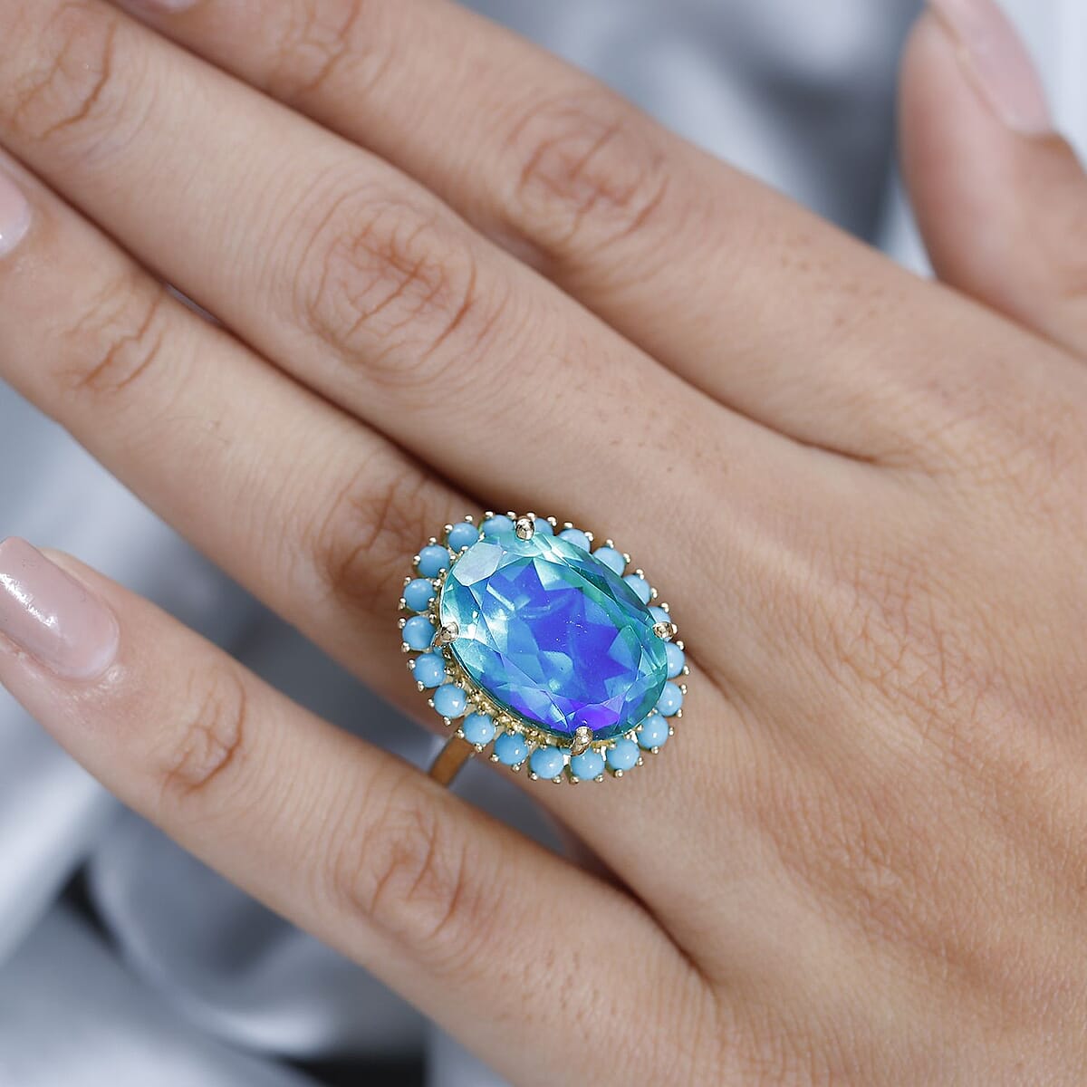 Peacock Quartz (Triplet) and Sleeping Beauty Turquoise Halo Ring in Vermeil Yellow Gold Over Sterling Silver (Size 10.0) 16.15 ctw image number 2