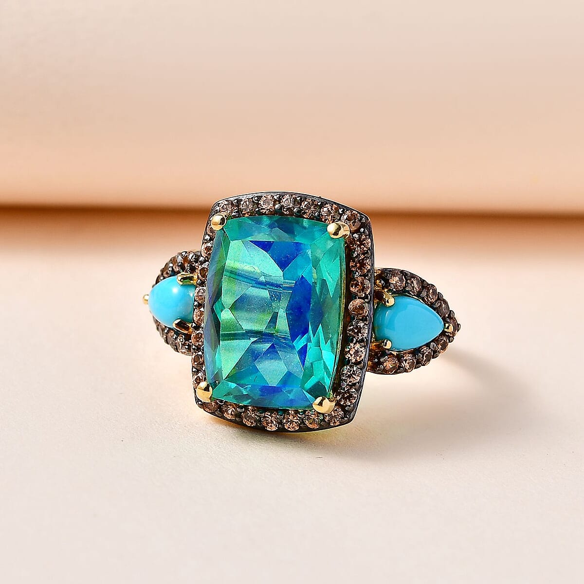 Peacock Quartz (Triplet) and Multi Gemstone Halo Ring in Vermeil Yellow Gold Over Sterling Silver 9.90 ctw image number 1