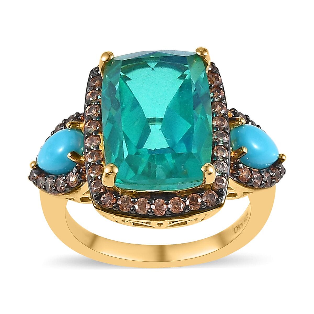 Peacock Quartz (Triplet) and Multi Gemstone Halo Ring in Vermeil Yellow Gold Over Sterling Silver (Size 6.0) 9.90 ctw