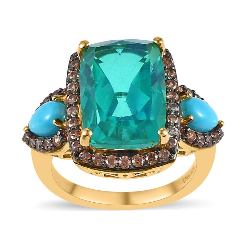 Peacock Quartz (Triplet) and Multi Gemstone Halo Ring in Vermeil Yellow Gold Over Sterling Silver (Size 6.0) 9.90 ctw