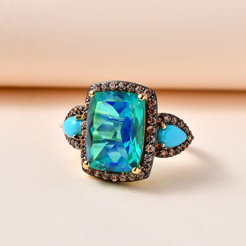 Peacock Quartz (Triplet) and Multi Gemstone Halo Ring in Vermeil Yellow Gold Over Sterling Silver (Size 6.0) 9.90 ctw