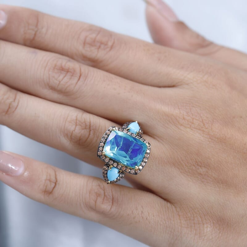 Peacock Quartz (Triplet) and Multi Gemstone Halo Ring in Vermeil Yellow Gold Over Sterling Silver (Size 6.0) 9.90 ctw