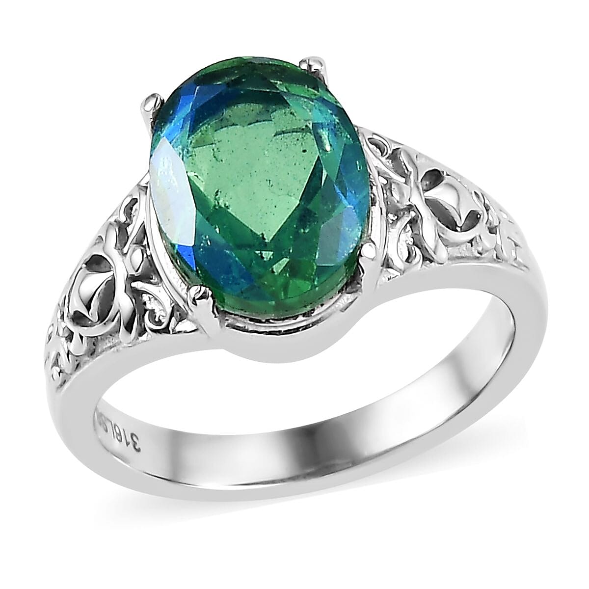Peacock Quartz (Triplet) Solitaire Ring in Stainless Steel (Size 5.0) 2.85 ctw
