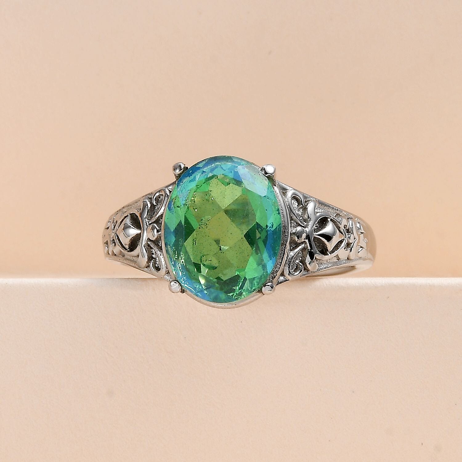Peacock Quartz (Triplet) Solitaire Ring in Stainless Steel (Size 5.0) 2.85 ctw