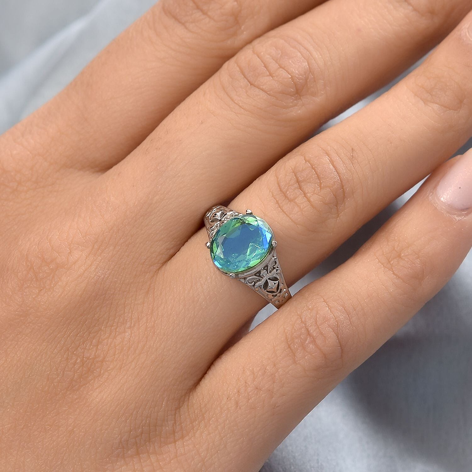 Peacock Quartz (Triplet) Solitaire Ring in Stainless Steel (Size 5.0) 2.85 ctw