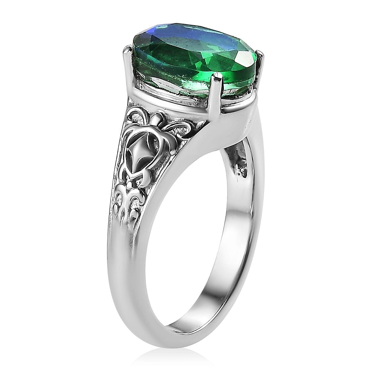 Peacock Quartz (Triplet) Solitaire Ring in Stainless Steel (Size 5.0) 2.85 ctw