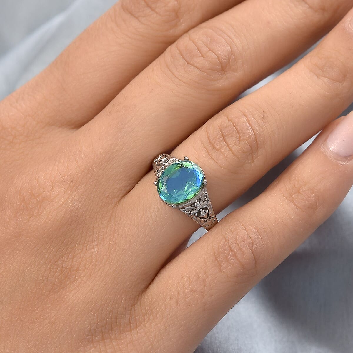 Peacock Quartz (Triplet) Solitaire Ring in Stainless Steel (Size 7.0) 2.85 ctw image number 2