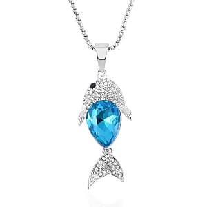 White and Black Austrian Crystal, Blue Glass Necklace in Silvertone (24-26 Inches)