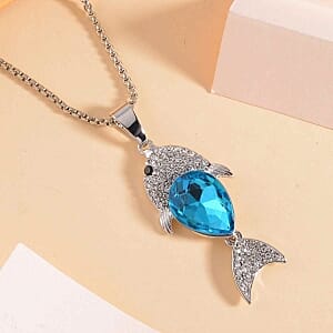 White and Black Austrian Crystal, Blue Glass Necklace in Silvertone (24-26 Inches)