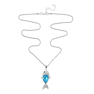 White and Black Austrian Crystal, Blue Glass Necklace in Silvertone (24-26 Inches)