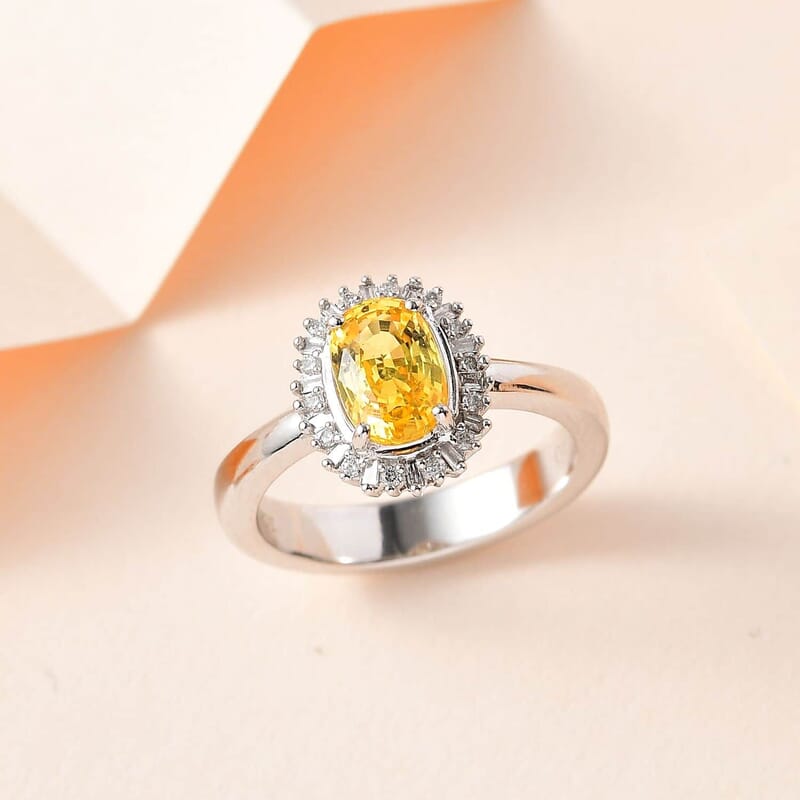 Luxoro 10K White Gold Premium Natural Ceylon Yellow Sapphire and G-H I2 Diamond Sunburst Ring (Size 10.0) 4.25 Grams 1.30 ctw