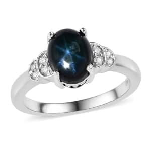 Blue Star Sapphire (DF) and Moissanite Ring in Platinum Over Sterling Silver (Size 8.0) 3.25 ctw