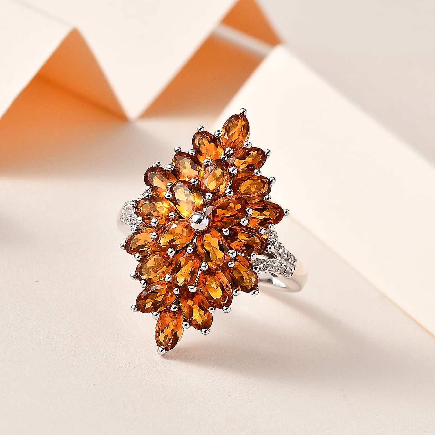 Santa Ana Madeira Citrine and White Zircon Floral Spray Ring in Platinum Over Sterling Silver (Size 10.0) 5.15 ctw