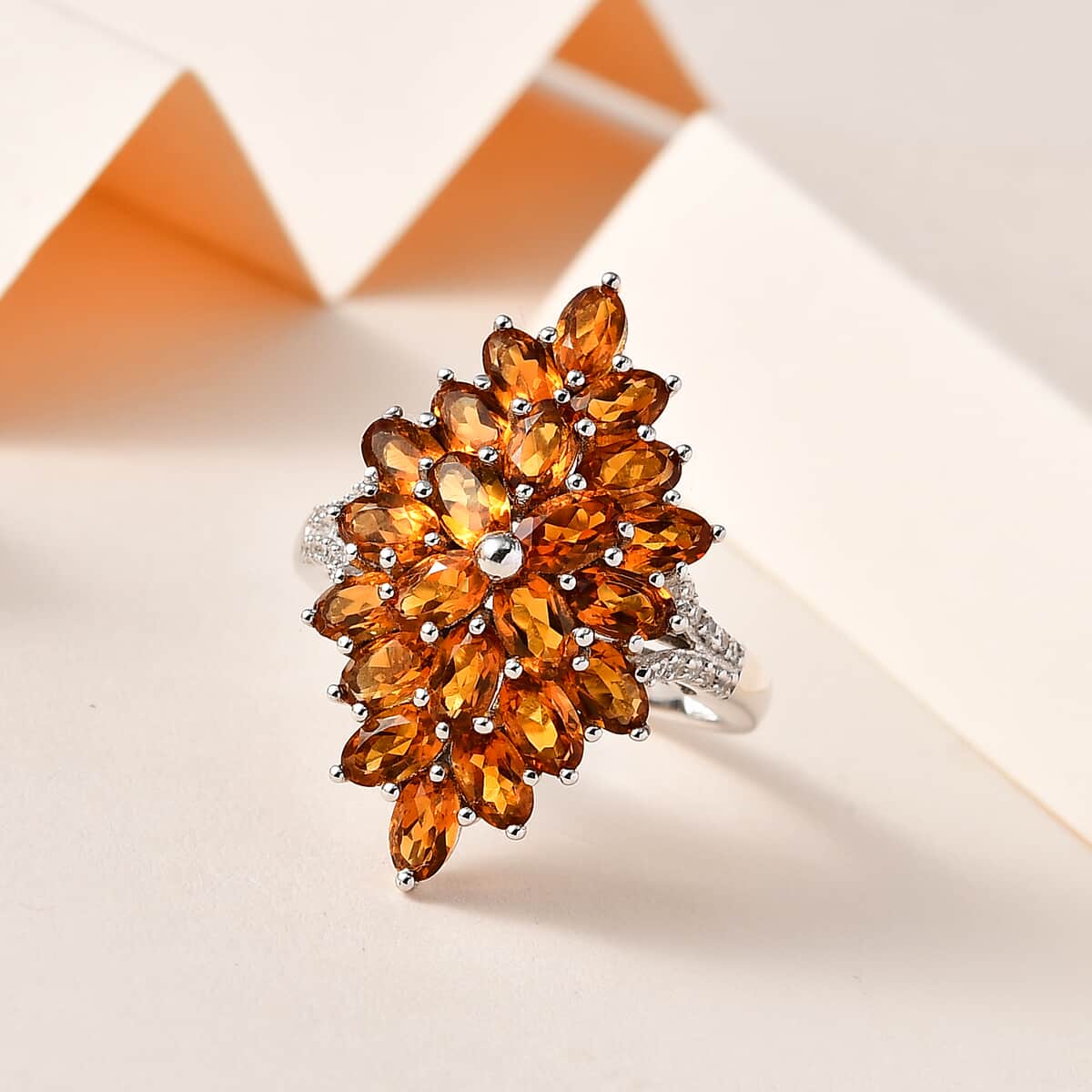 Santa Ana Madeira Citrine and White Zircon Floral Spray Ring in Platinum Over Sterling Silver (Size 10.0) 5.15 ctw image number 1