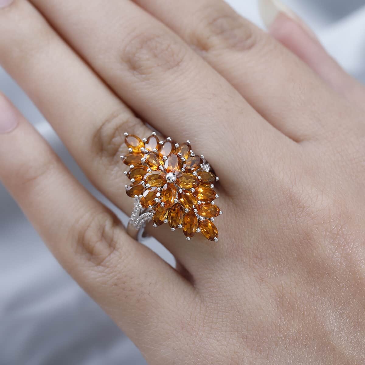 Santa Ana Madeira Citrine and White Zircon Floral Spray Ring in Platinum Over Sterling Silver (Size 10.0) 5.15 ctw image number 2